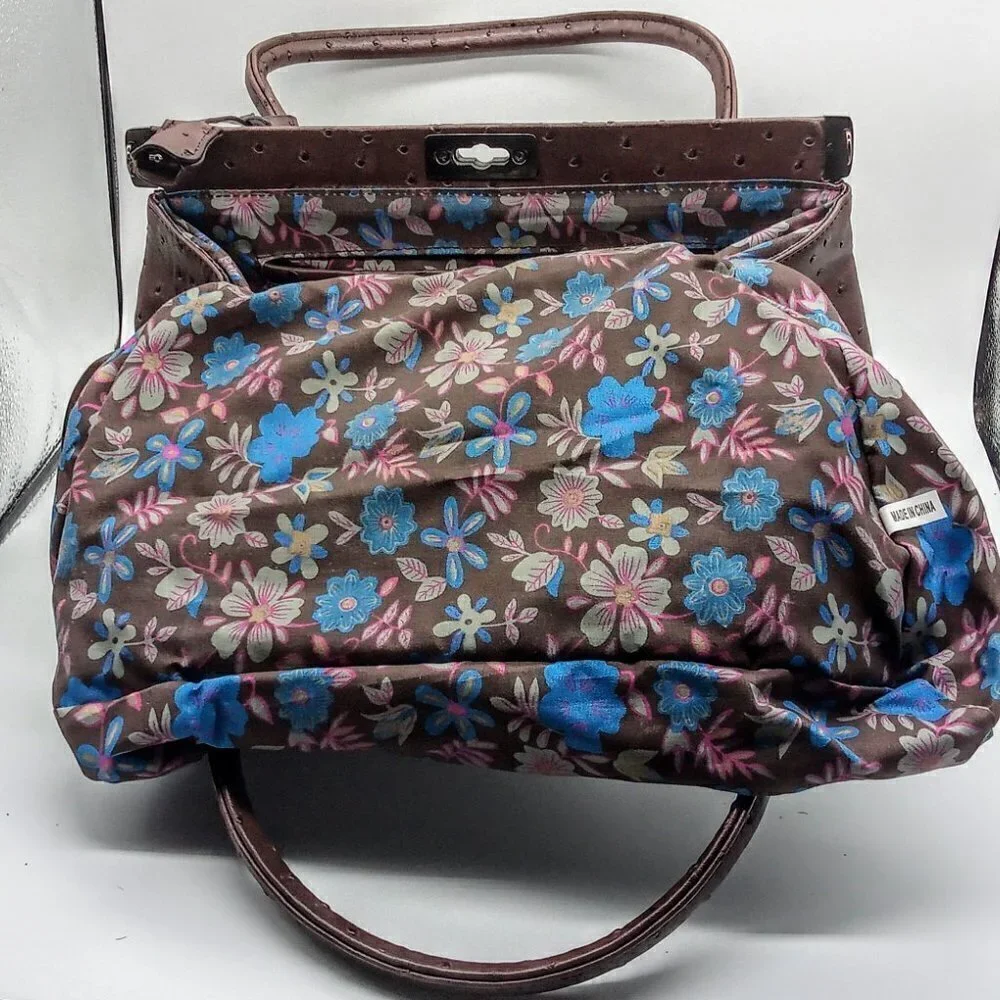 Coffee Brown Faux Ostrich Skin Gunmetal Satchel Bag